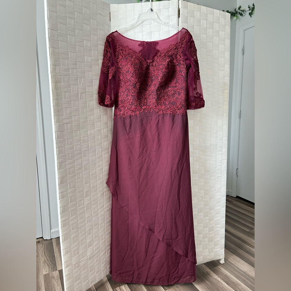 Elegant Burgundy Lace Prom Dress with Sheer Yoke